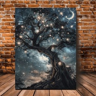 Moonlight Forest Night Sky Canvas Art - Gothic Retro Dark Academy Style Wall Decoration, Valentine's