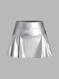 Cider Metallic Mid Waist Pleated Mini Skirt