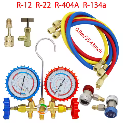 R134a Air Conditioning Pressure Gauge with Hose and Hook 3 Way AC Diagnostic Manifold Gauge Set Freo