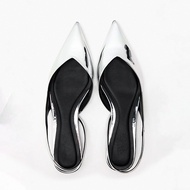ZARA 2023 New Silver Shiny Shoes Temperament Flatsole Muller Shoes Shallow Toe Sandals Women Low Heel Shoes