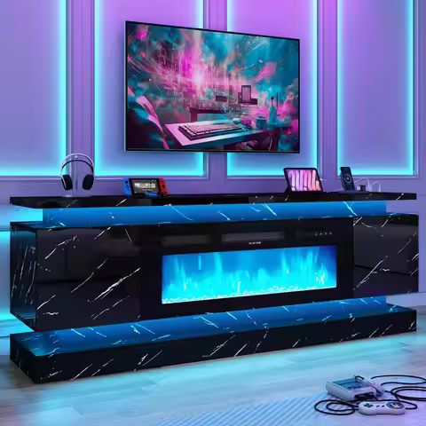 71IN LED TV Stands w/40 inch Fireplace Power Outlet for 85/80/75 Inch TVs,High Glossy Modern TV Medi