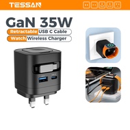 TESSAN 35W Travel Adapter Wireless Apple Watch Charger USB C Portable Fast Charger Retractable Cable