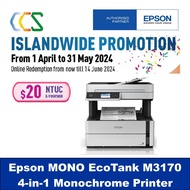Epson EcoTank Monochrome M3170 Wi-Fi All-in-One Ink Tank Printer M 3170  ***4 Years warranty from Epson,First 2 year on-site, next 2 years carry-in, or 50k pages, whichever comes first. *** Promotion get $20 NTUC E-Voucher till 31 May 2024***