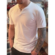 Kapas V-Leher Lelaki Lengan Pendek Kolar Henley Amerika Retro Lelaki Tegar Warna Pejal T-Shirt Slim 