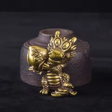 Antique Brass Chinese Zodiac Animal Dragon Hold Peach Sculpture Crafts Ornament Tea Pet desk table h