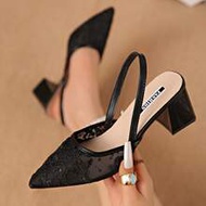New Chinese Style White High Heel Mules, Pointed Toe Lace Embroidery Convertible Sandals For Women,C