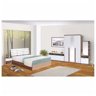 Raminthra Furniture  ชุดห้องนอนระแนง 6 ฟุต เตียง 6 ฟุต + ตู้เสื้อผ้า 3 บาน + โต๊ะแป้งยืน 60 cm + ตู้วางทีวี + ตู้ข้างเตียง + ที่นอนสปริง  Bedroom set