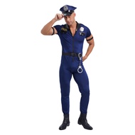 Wyl Mens Police Cosplay Halloween Costume Front Zipper Jumpsuit Hat Belt Manacles Badge Outfits Cop 