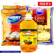 Mummy's Daily Basmati Rice 5KGX2, Pillsbury Gold Atta 5kg, Mummy's Vegetable Cooking Oil 5L (Long and slender pearl white grains, Cleaned and sorted grains, 100% Pure Vegetable Oil, Reduce cholesterol, Wheat Flour) (PACK OF 4)
