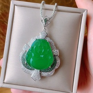 High-end Chrysoprase Buddha Pendant White Chalcedony Laughing Buddha Necklace Diamond Necklace Zirco