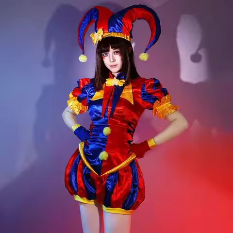Adult Female Clown Cosplay Costume Jester Blue Red Jumpsuit and Hat with Gloves Socks Christmas Hall