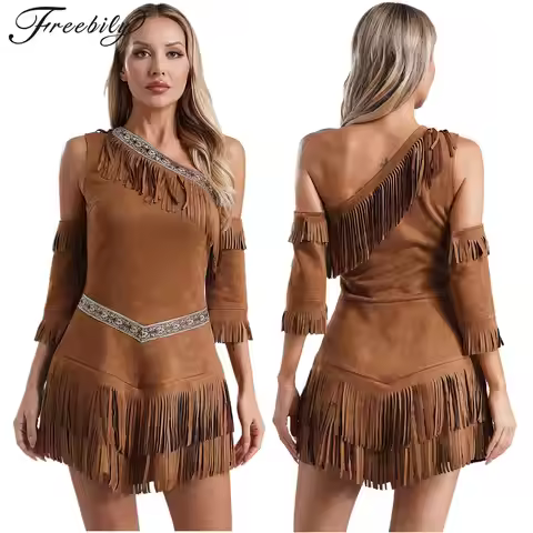 Women Halloween Carnival Native American Princess Cosplay Costume Fringe Dress with Sleeve Indian Ma