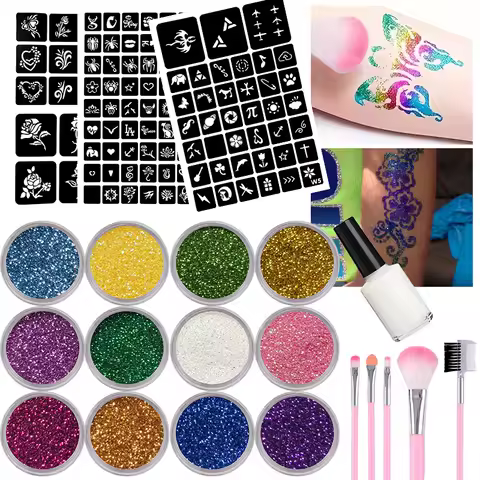 12 Colors DIY Glitter Flash Tattoo Kit, Cartoon Temporary Tattoo Stickers with Multiple Stencil Temp