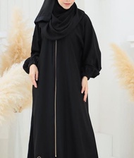 OUTER ZIPER PUTRI ABAYA JETBLACK ADA SAKU LENGAN BERKARET COUPLE DEWASA S M L XL XXL & ANAK USIA 2 T