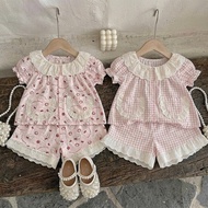 NT456 Set short sleeve silk button-down lace collar with pretty lace pockets for girls kids girl clo