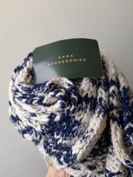 ZARA 羊毛圍巾 毛線針織 長版圍巾 藍+米白色 無下水使用