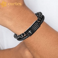 CURTES Lava Rock Bead Bracelet, Black Leather Double-Row Braided Bracelet, Charm Bible Verse Magneti