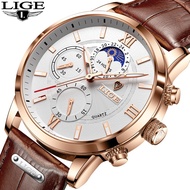 LIGE 8932 นาฬิกาข้อมือควอตซ์ สายหนัง สีทอง ขาว แฟชั่นผู้ชาย 【SEY】
