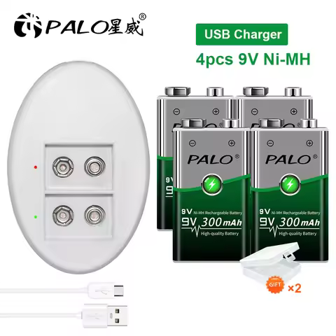 Palo 2-8pcs 300mah 9V nimh battery rechargeable 9V battery 6f22+usb 9V battery charger for 9V nimh l