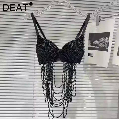DEAT Fashion Pearls Tassel Design Heavy Industry Camisole For Women Black Temperament Chest Padded S