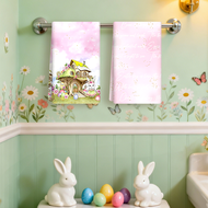 2pcs 36x61cm polyester Easter fairy treehouse cute rabbit hand towels, pink watercolor style + Easte