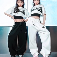 Children Street Dance Girls Jazz Dance Costume Suit Short-Sleeved Jazz T-Shirt Vest Cropped Navel Sw