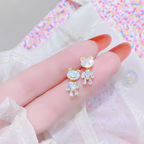 JUWANG Exquisite Shine Bling AAA Zircon Bear Earrings Cute Sweet Luxury Inlay 18K Real Gold Romantic