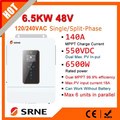 SRNE 6500W Split Phase Parallel Fuction Solar Inverter Pure Sine Wave 48V PV Panel Input 550VDC MPPT