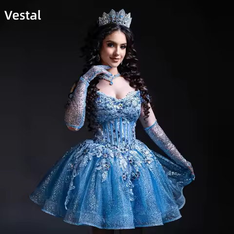Blue Short Quinceanera Dress Sequined Appliques Corset Tulle Sweet 16 Birthday Prom Ball Gown Vestid