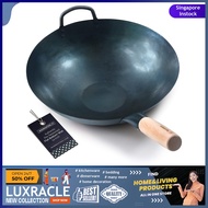 [sg stock] Mammafong Pre Seasoned Hand Hammered Blue Carbon Steel Flat Bottom Wok 14" Chinese Pow Wok Stir Fry Pans