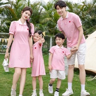 Pink Family Matching Outfits Men Boy Polo Shirt Women Girl Dress Couple Set Clothes Boy Short Pants