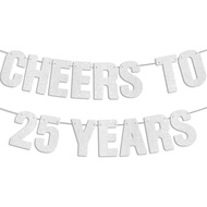 Pre-Strung - Cheers to 25 Years Silver Glitter Banner, Happy 25th Birthday Decorations, 25 Year Old 