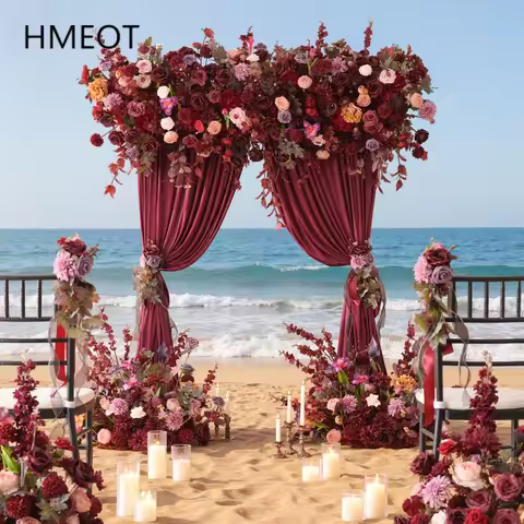 HMEOT H9058 Artificial Burgundy Hanging Floal Row Runner Aisle Flower Ball Corsage Wrist Bridal Bouq