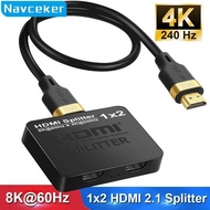 Navceker 1x2 4K 240Hz HDMI Splitter 8K 1 Input 2 Output HDMI 2.1 Bypass Distributor Box for Two Scre