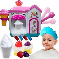 Bath Tub Toys for Kids Ages 4-8- Pretend Ice Cream Toy Bath Bubble Maker Foam Bath Toy Set-No Hole Mold Free Bath Toys for Toddlers-Boy Girl Bath Toys- Birthday Gift Ideas (Blue Shower Cap)