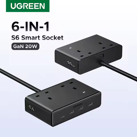 UGREEN 6 in 1 Power Strip UK Plug 2 AC 3 USB-A 1 USB-C 2990W 13A 250V Surge Protector PC Material wi