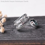 ▨❀Sterling perak hijau kristal besar bukaan cincin merah cahaya mewah cincin batu permata zamrud bertatah personaliti ba