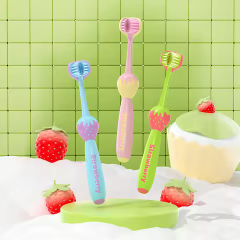 1-Pack 3-Sided Toothbrush with Soft Bristles, Concave Surface, 3 Brush Heads, Cartoon Fruit Shape, T