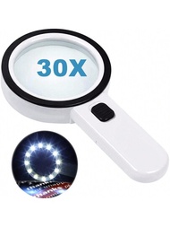 12 LED燈放大鏡，30X雙玻璃鏡片手持照明放大鏡，適用於老年人閱讀、、郵票、地圖、檢查、黃斑部病變