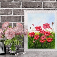 油画明亮的红色花朵在一个白色的花瓶Impasto艺术25x20厘米