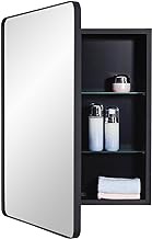 IDYLLOR Black Bathroom Mirror Medicine Cabinet with Round Corner Framed Door 20 x 26 inch, Recessed or Surface Mount, with Adjustable Glass Shelves