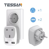 Singapore to Europe Travel Adapter with 2 USB Ports,TESSAN European Charger Multi Plug Extension Wall Charger USB Adapter Wall Socket Power Strip for Italy Switzerland Spain France