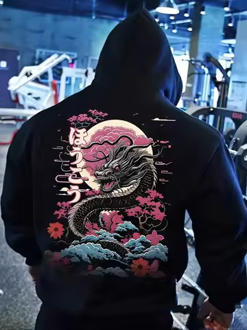Casual Versatile Sports Minimalist Men's Essential Hoodie, Commuting Autumn Dragon Pattern Hooded Ho