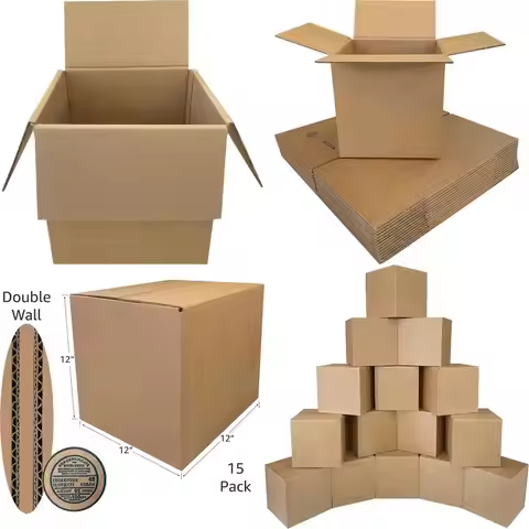 Heavy Duty 275lb Corrugated Shipping Boxes - 15 Pack, 12x12x12 Inches, Strong and Durable for Moving