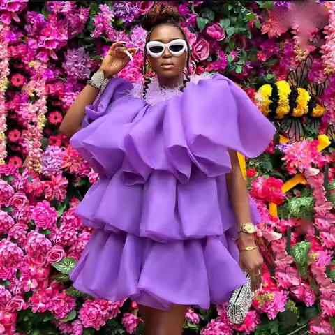 Puffy Prom Gowns Ostrich Purple Tulle Short Sleeves Women Dresses Lush Knee Length Cupcake Style Wom