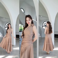 ชุดไปงานแต่ง ชุดไปงานแต่งงาน ชุดเดรส ชุดราตรี AP050 เกรดพรีเมี่ยม ไหล่เบี่ยง รูดๆเยอะที่ตัว กระโปรงย