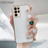 Hontinga Casing สำหรับ Samsung Galaxy S22 Ultra 5G S22 Plus S22 + 5G S21 FE 5G S21 Ultra S21 + S21 Plus 5G กรณี Electroplated เพชรดอกไม้แฟชั่นสีทึบ Chrome Luxury Soft TPU สแควร์โทรศัพท์กรณีเต็มปกกล้องคุ้มครองปลอกป้องกัน Gores