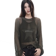 y2k y2k Top Millennium Hot Girl y2k Blouse Asian Culture Spring Summer Hollow Embroidered Star Knit 