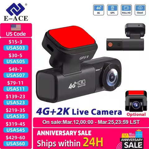 E-ACE 2K 4G Live Dashcam Optional1080P Rear Dual Cam Record GPS Remote Monitor APP Control Cloud Sto