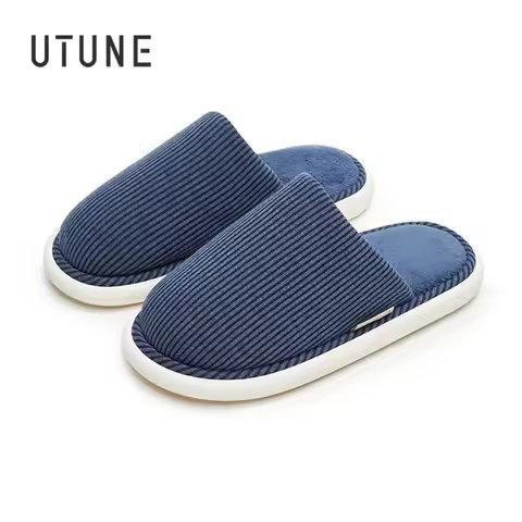 UTUNE Winter Women's Indoor Slippers Warm Simple Plush Men Home Shoes Non-slip Autumn Mute Flats Com